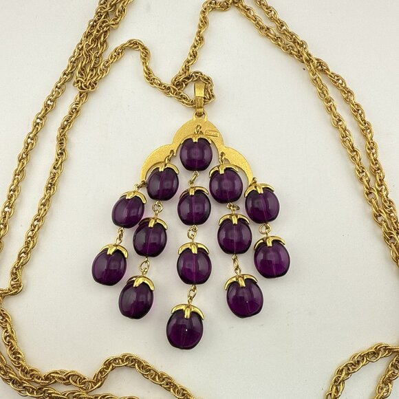 Vintage Trifari Waterfall Necklace Purple Lucite Gold Tone Alfred Phillipe - Picture 15 of 16